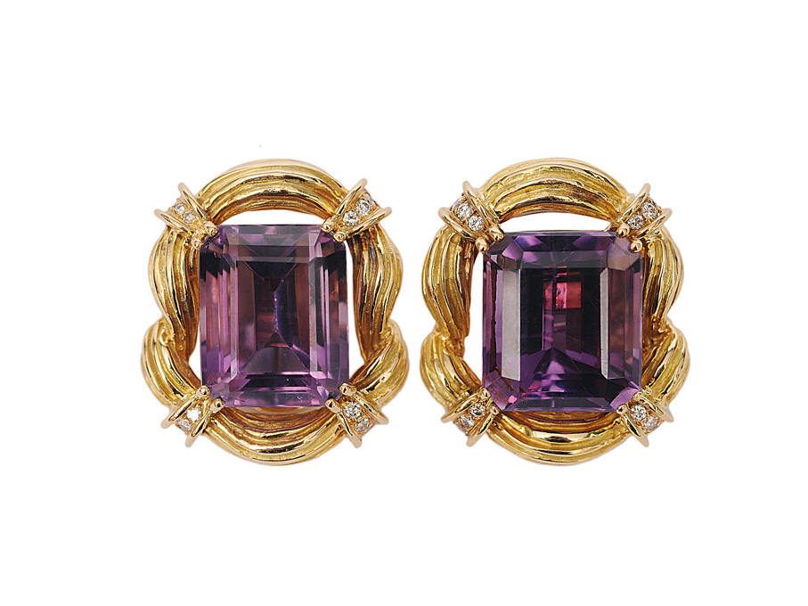 A pair of french amethyst diamond earclips by Chaumet