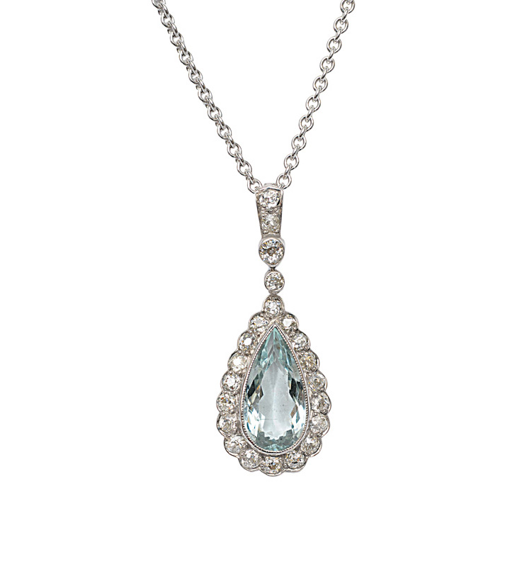 Jugendstil-Aquamarin-Diamant-Anhänger mit Kette