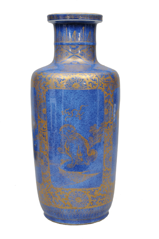 A tall "Powder Blue" rouleau vase with gold decoration