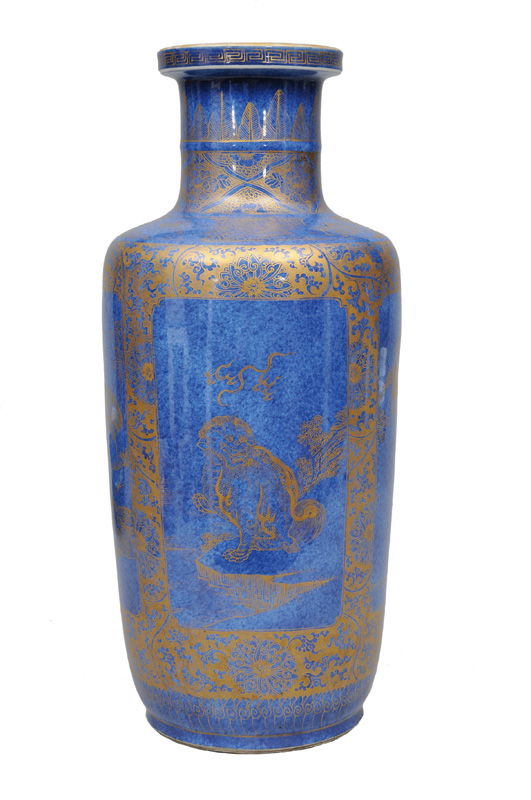 Große "Powder Blue" Rouleau-Vase mit Golddekor