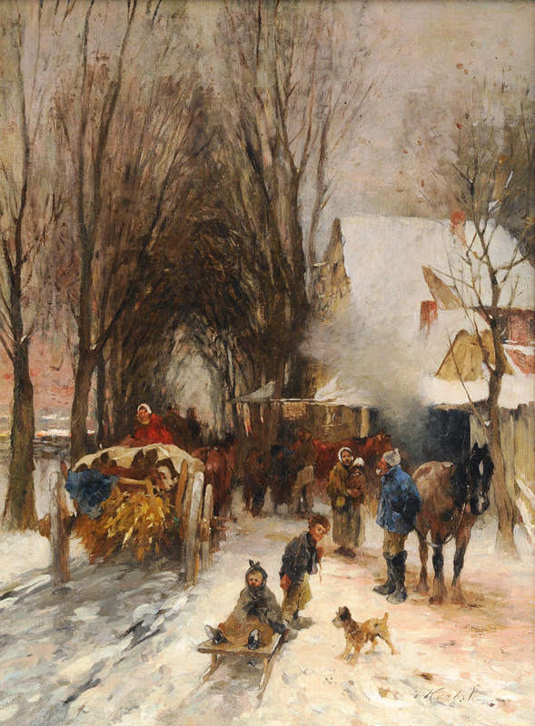 Busy winterly Village Street