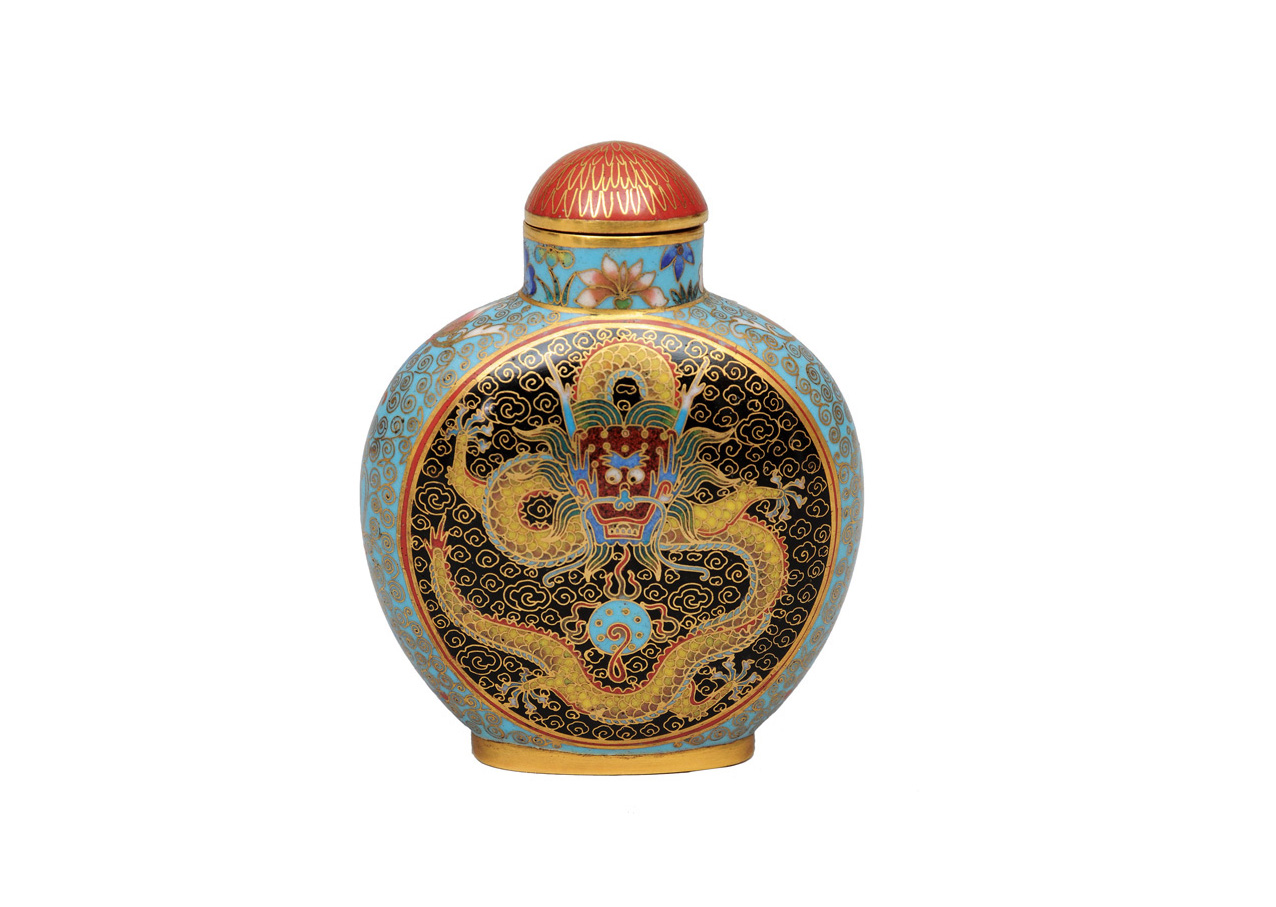 Feine Cloisonné-Snuffbottle mit Drachen