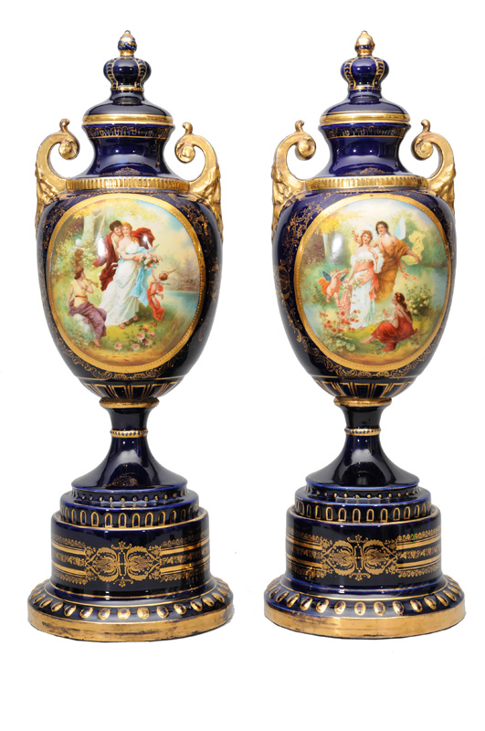 A pair of cobalt blue vases with cover