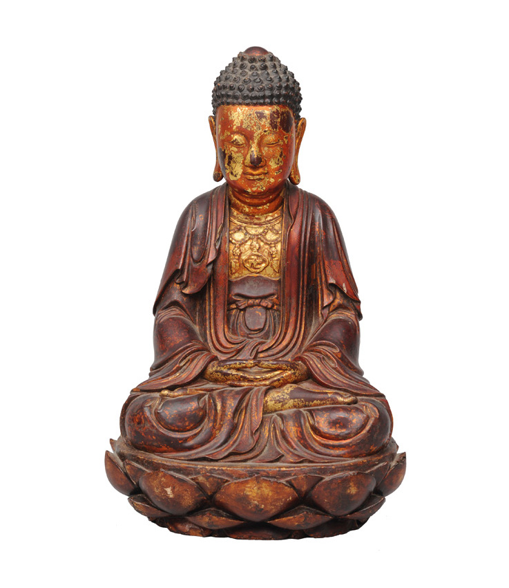 A tall wooden and gilt lacquered buddha "Shakyamuni" A tall wooden and gilt lacquered buddha "Shakyamuni"