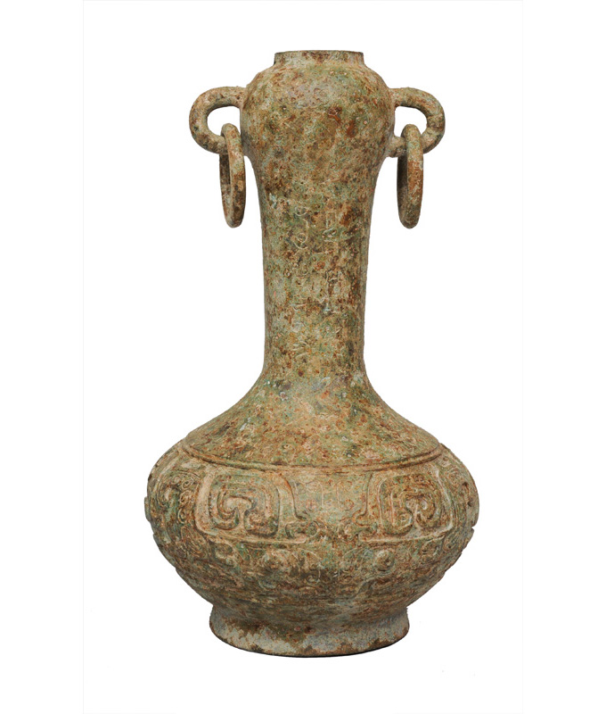 An archaistic garlic-neck bronze bottle vase with ring handles