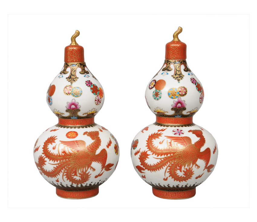 Paar feiner Doppelkürbis-Vasen mit Phönix-Dekor