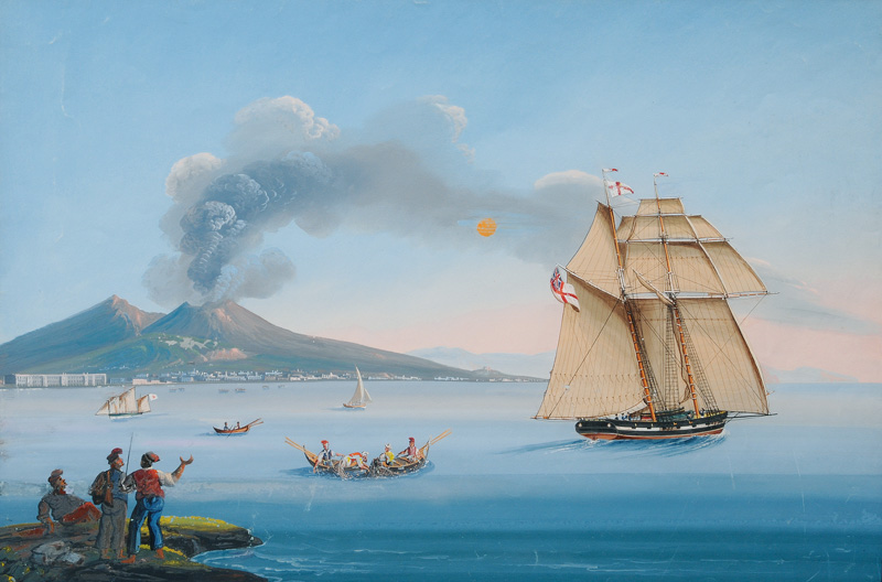 Die Bucht von Neapel mit dem Vesuv und einem englischen Kriegsschiff