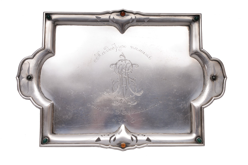 An extraordinary Art Nouveau can and a tray with semi-precious gem setting - image 2