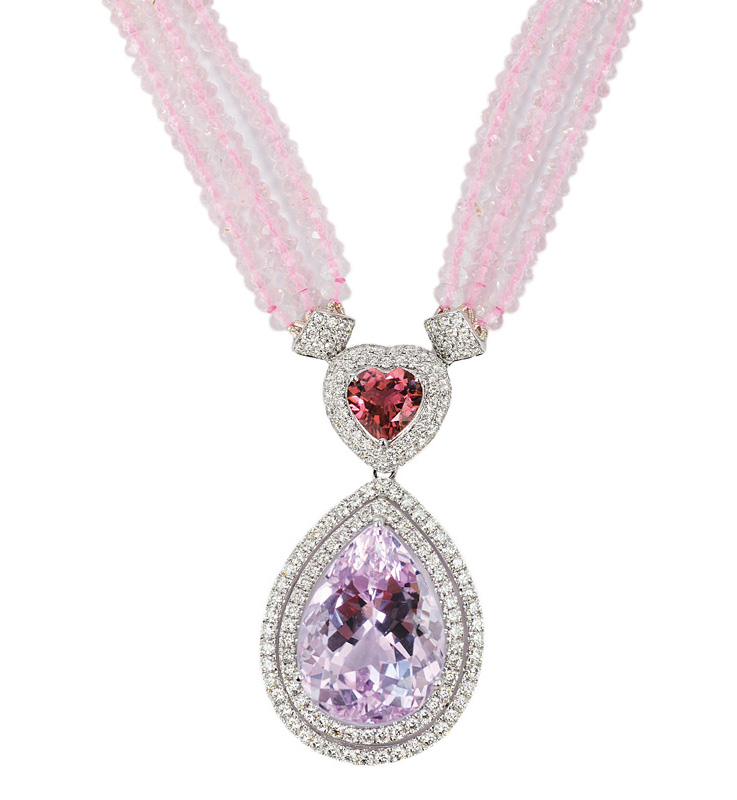 A large kunzit amethyst pendant with rosequartz necklace