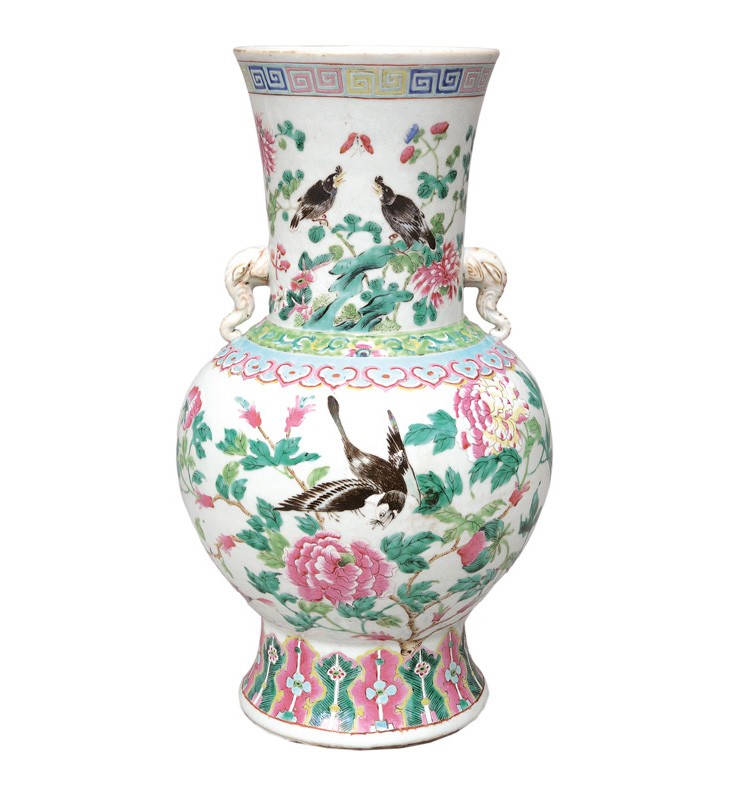 A tall Famille-Rose vase "HU" with elephant handles