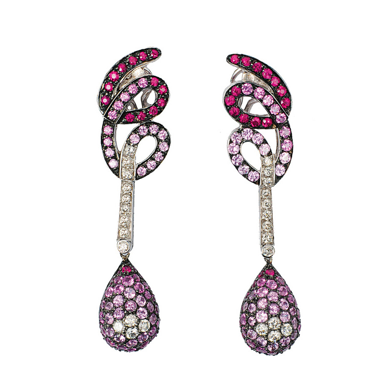 A pair of ruby sapphire diamond earpendants