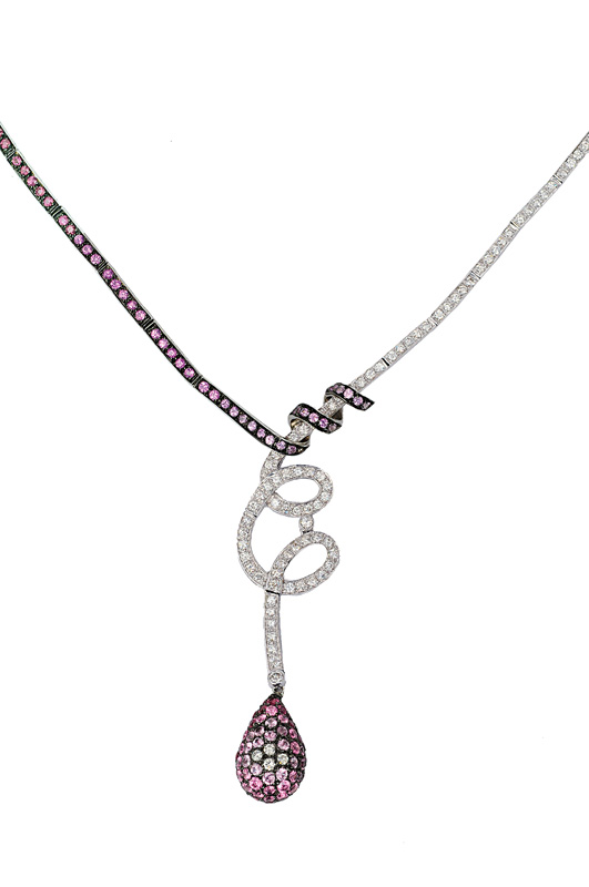 A modern ruby sapphire diamond necklace