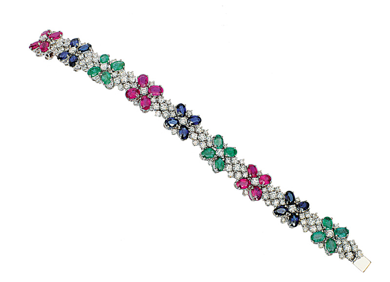 Farbedelstein-Armband mit Saphiren, Smaragden, Rubinen und Brillant-Besatz - Bild 2