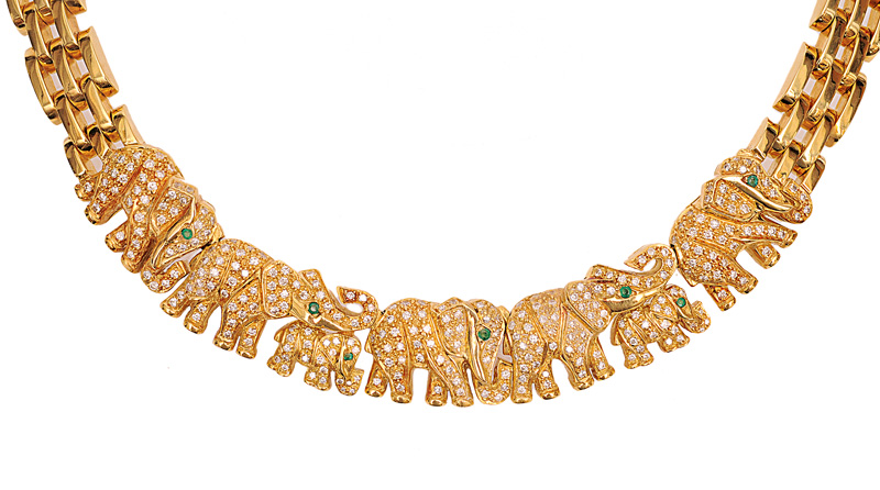 A golden necklace with diamond setting "Elephants"