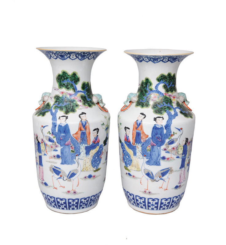 A pair of elegant baluster vases with ladies and cranes