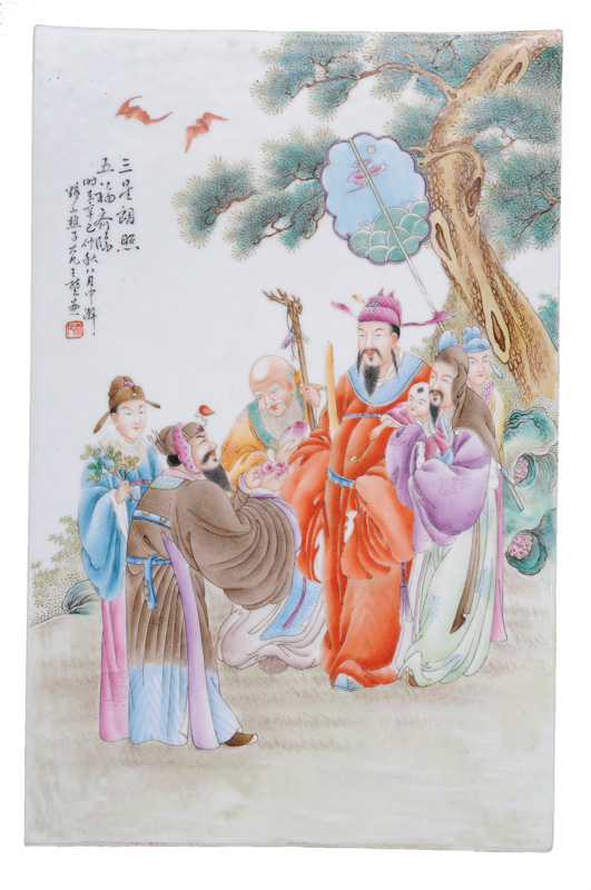 A bright enamelled plaque with the "3 star deities"