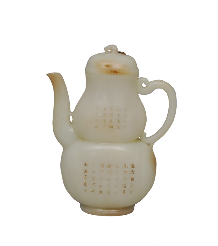 A fine and rare white jade "double-gourd" ewer with poem inscription