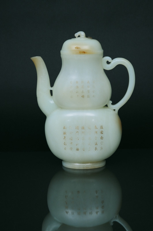 A fine and rare white jade "double-gourd" ewer with poem inscription - image 2
