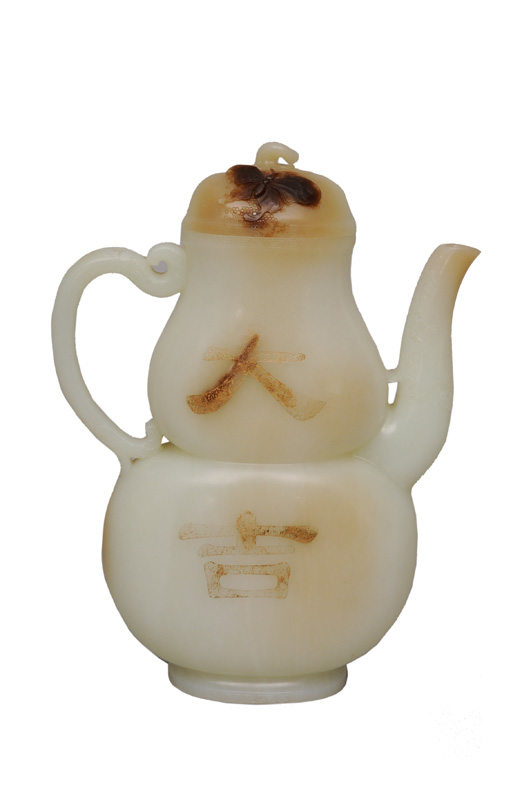 A fine and rare white jade "double-gourd" ewer with poem inscription - image 4