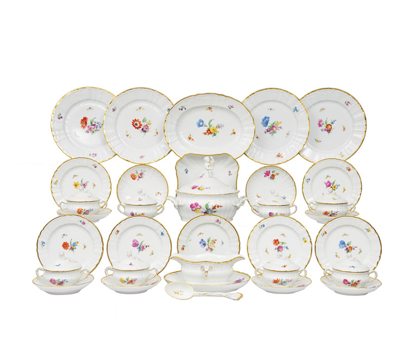 A dinner service "Rocaille with flower painting" for 10 persons