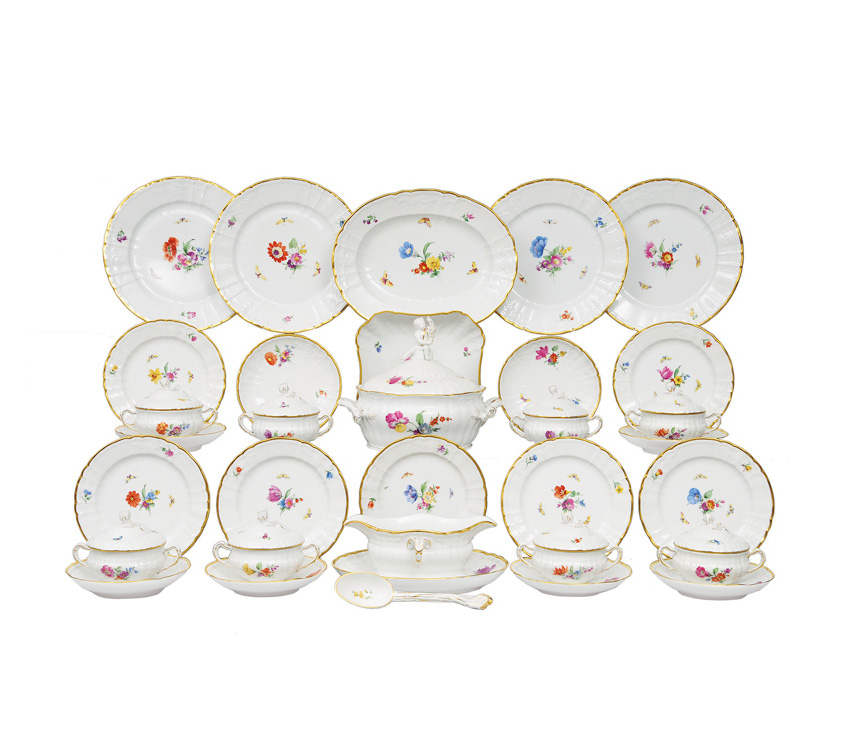 A dinner service "Rocaille with flower painting" for 10 persons