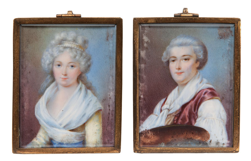 Paar Portrait-Miniaturen 'Madame de la Verrue und Herr mit weiß gepudertem Haar'