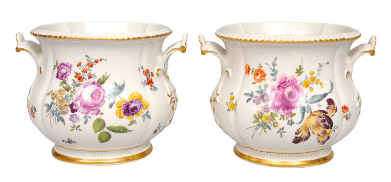 A pair of fine cachepots with flower painting