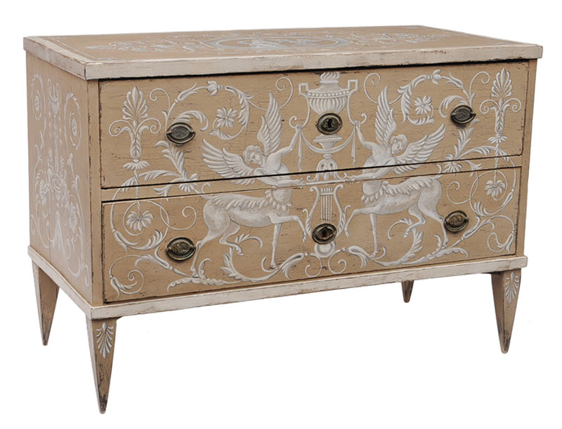 A coloured chest of drawers with antique-like painting A coloured chest of drawers with antique-like painting