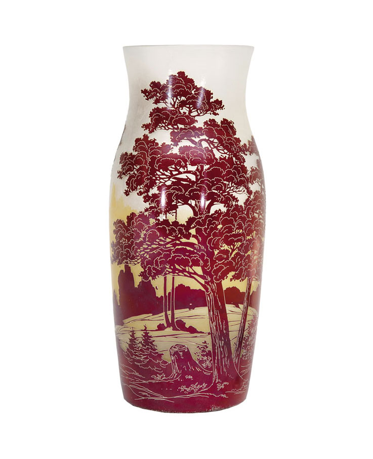A rare Art Nouveau glass vase with forest landscape