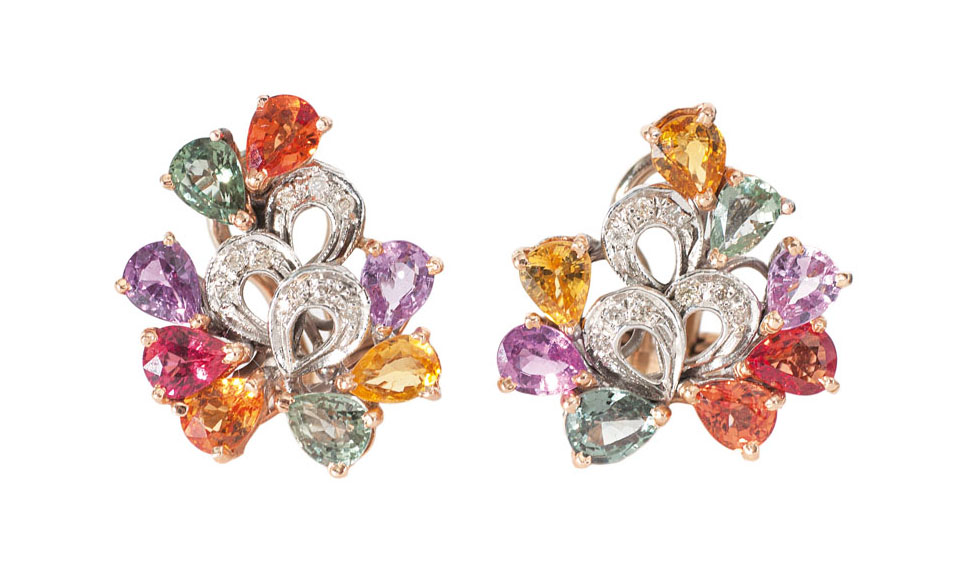 A pair of coloured sapphire diamond earstuds