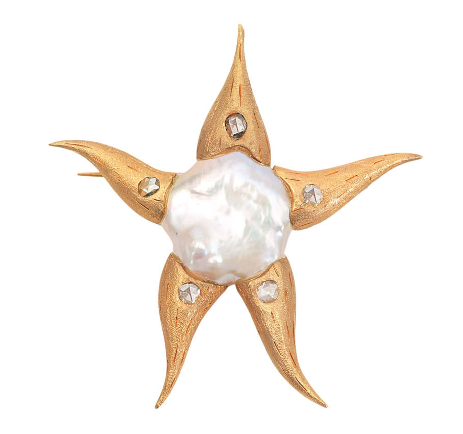 Moderne Perl-Gold-Brosche mit Diamant-Besatz 'Seeigel'