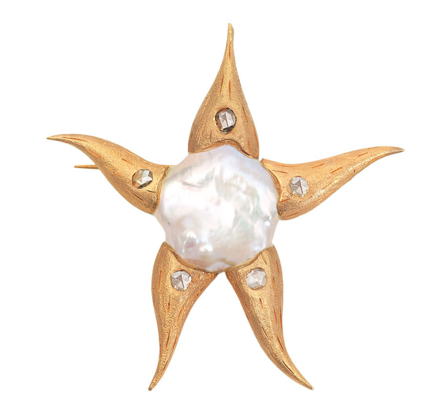 A modern pearl gold brooch with diamonds 'Sea urchin' A modern pearl gold brooch with diamonds 'Sea urchin'
