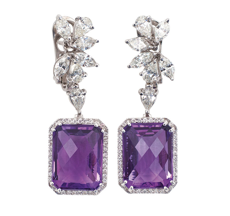 A pair of highcarat amethyst diamond earpendants