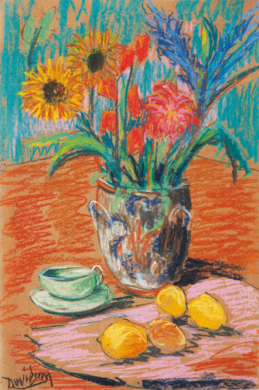 Stilleben mit Blumen in einer Vase, Zitronen und Teetasse