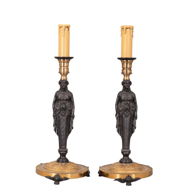 A pair of table lamps with caryatid figures in Empire style