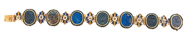 A golden bracelet with antique cameos