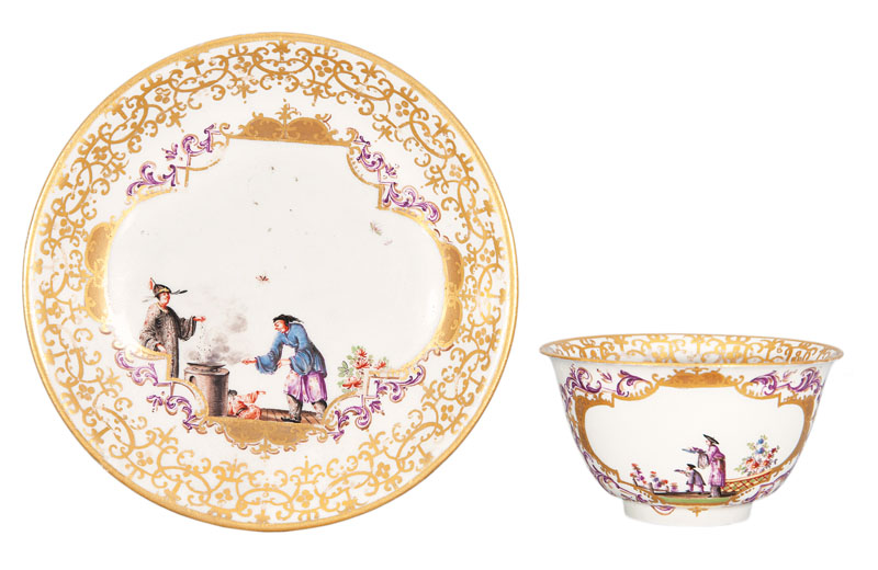 A fine tea-bowl and saucer with Chinoiseries