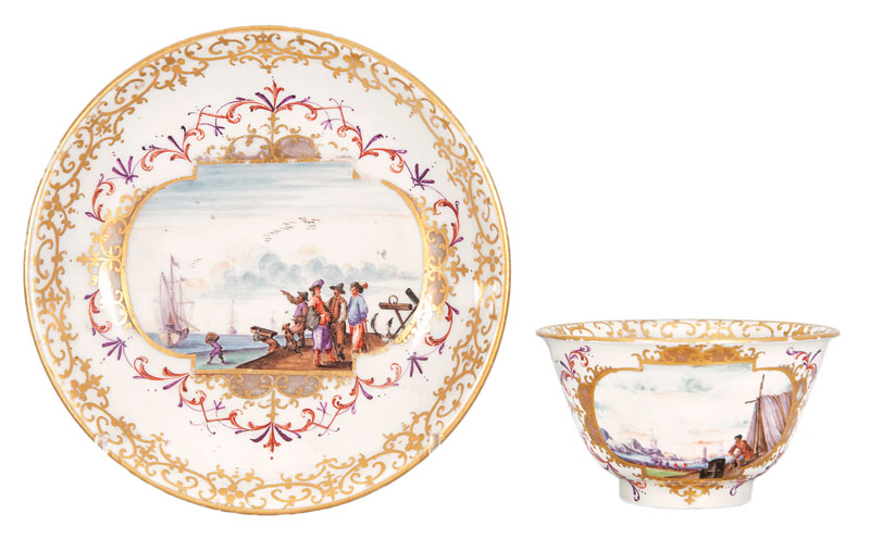 A fine tea-bowl and saucer with Kauffahrtei-scenes