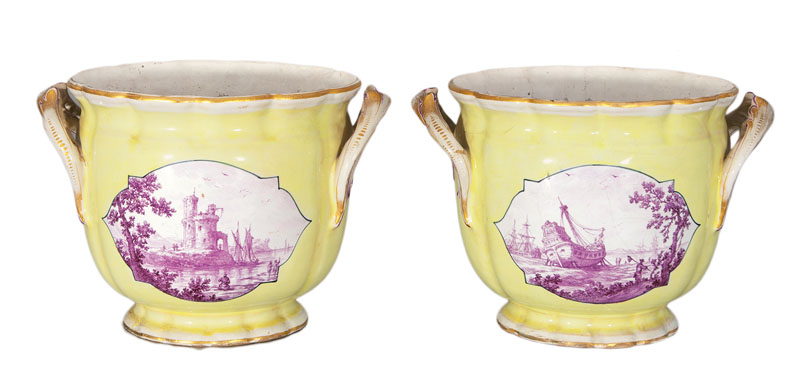 A pair of yellow-ground cachepots with fine purple camaieu