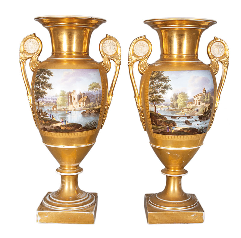 A pair of Empire vases with river landscapes