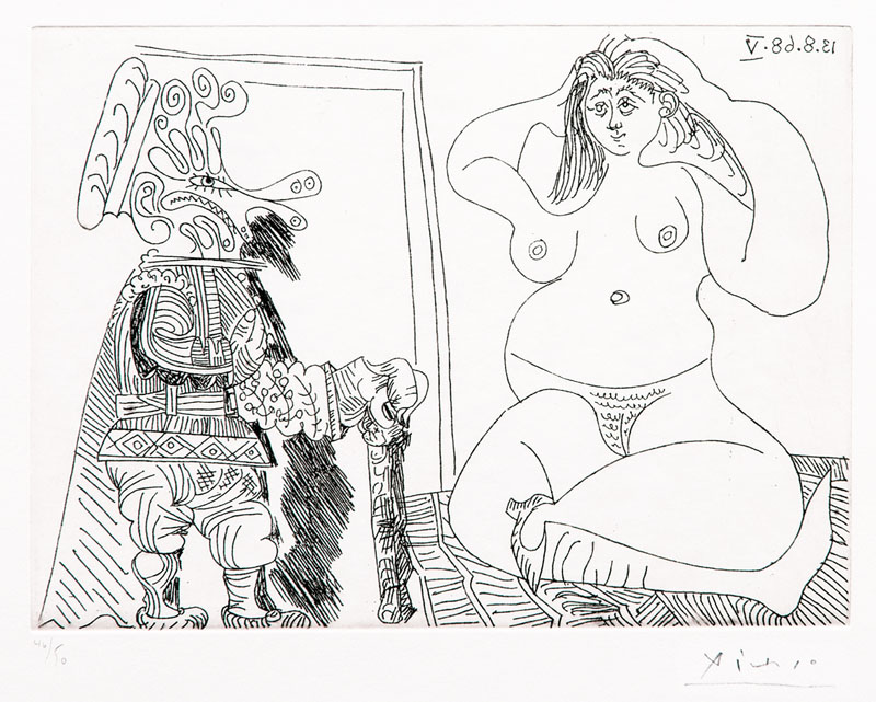 Femme nue assise en tailleur et grotesque la main sur le coeur