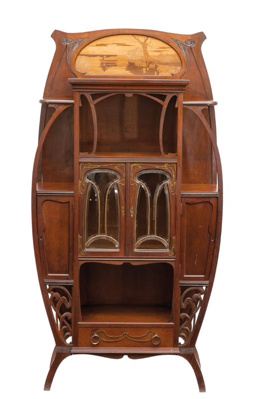 An Art Nouveau glass cabinet with landscape intrasia