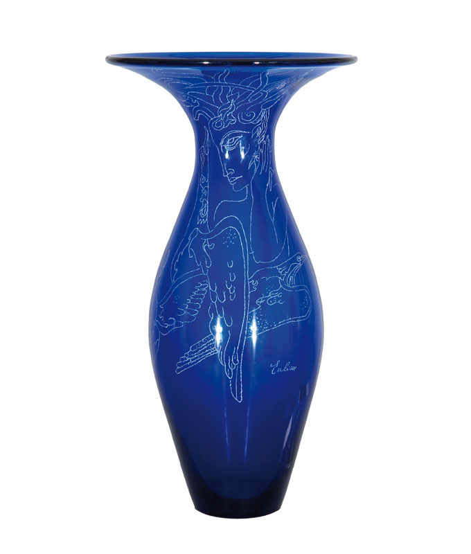 A glass vase with abstracted artist engravings