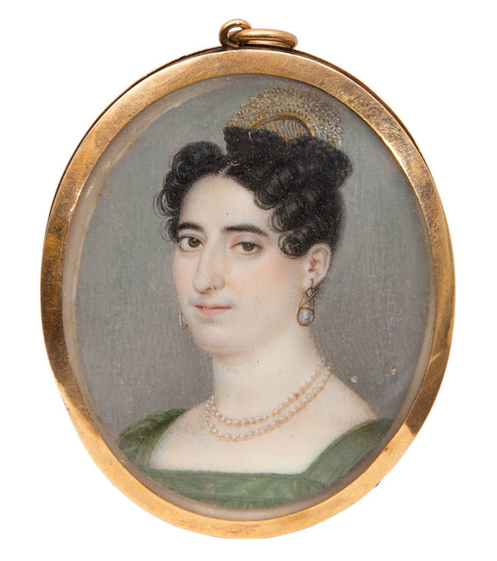 A Georgian miniature portrait of a lady with pearlnecklace