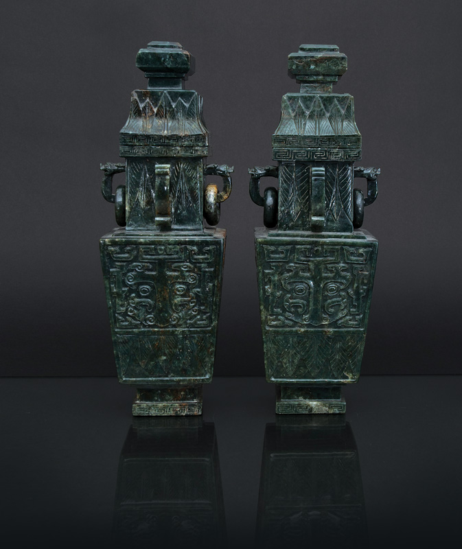 A pair of tall spinach-green jade vases 'Fang Lei'