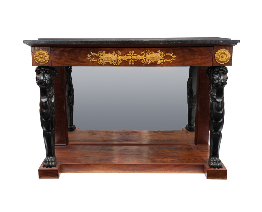 An extraordinary console table with lion pilaster