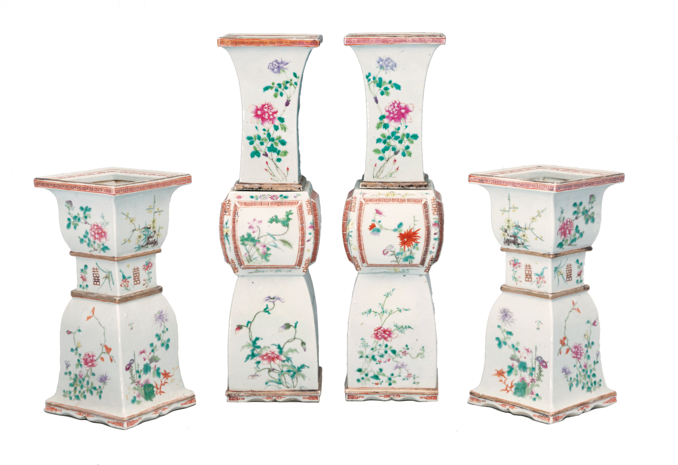 A set of 4 Famille-Rose wedding altar vases