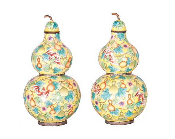 A pair of fine Canton-enamel double-gourd vases