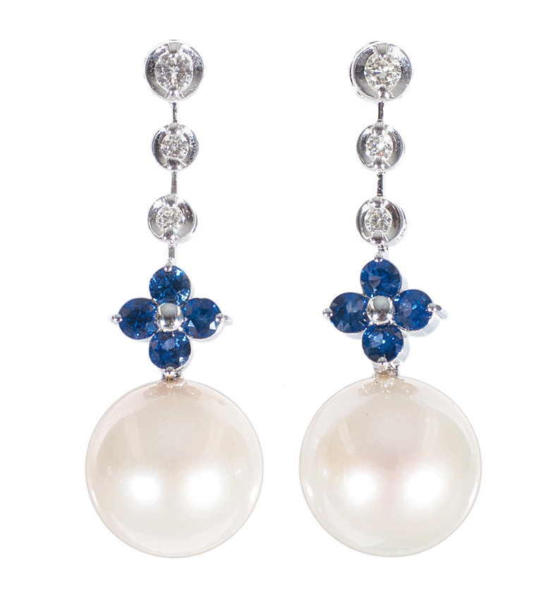 A pair of pearl sapphire earpendants