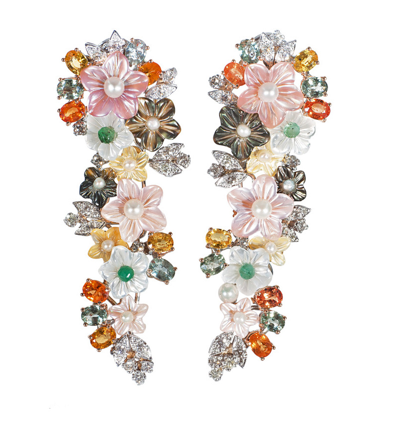 A pair of flower earpendants with sapphires, diamonds and mother-of-pearl